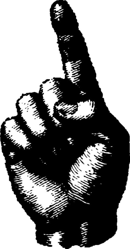 Single human hand with extended index finger pointing upwards. Vintage black ink engraving illustration. vector