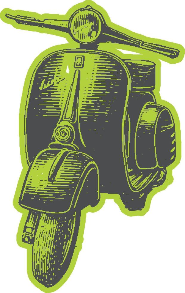 Scooter vespa Italian symbol in vintage style. Green textured illustration with ink outline and stylized graphic details. vector
