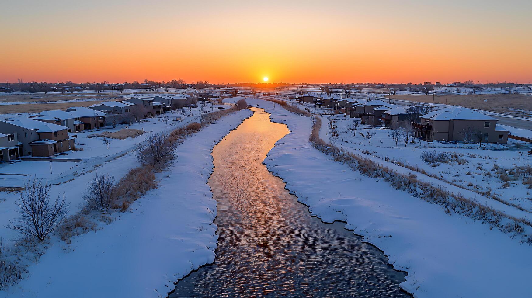 Breathtaking Sunrise Over a Snow-Covered Riverfront Community. The tranquil scene showcases a picturesque winter landscape with homes nestled along a riverbank. photo
