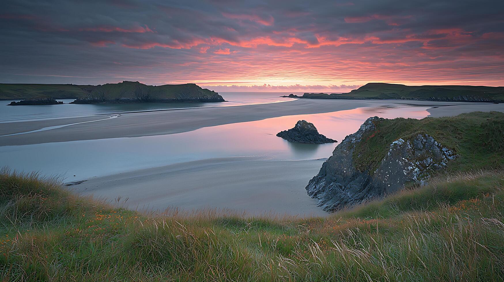 Serene Coastal Sunset Breathtaking Panorama of a Sandy Bay and Dramatic Cliffs. photo