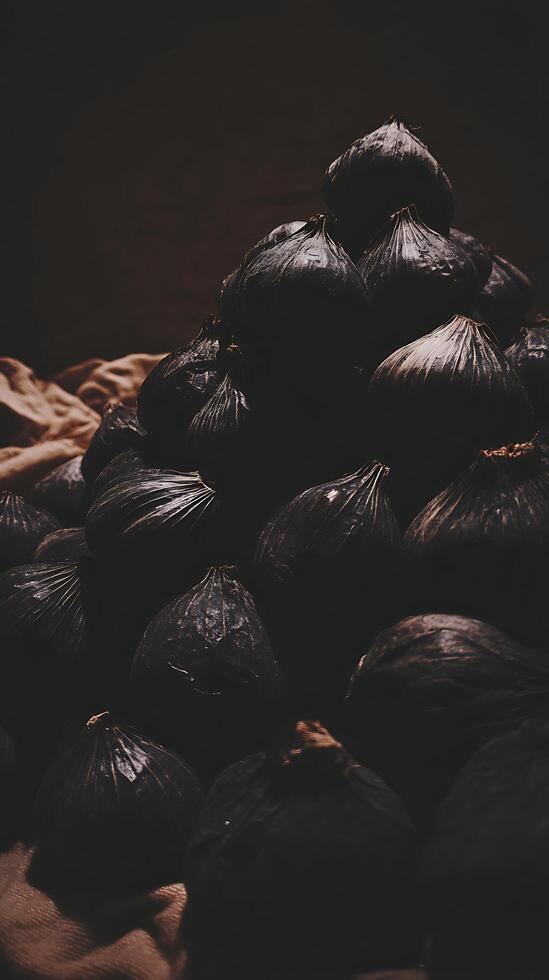 A Close Up Still Life of Dark, Organic Bulbs Arranged in a Pile. photo
