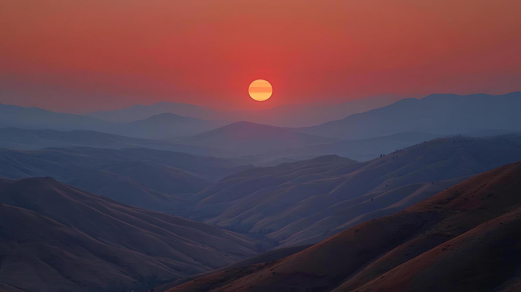 Serene Sunset over Rolling Hills A breathtaking landscape photograph of a vibrant sunset casting warm hues across a vast expanse of undulating hills. photo