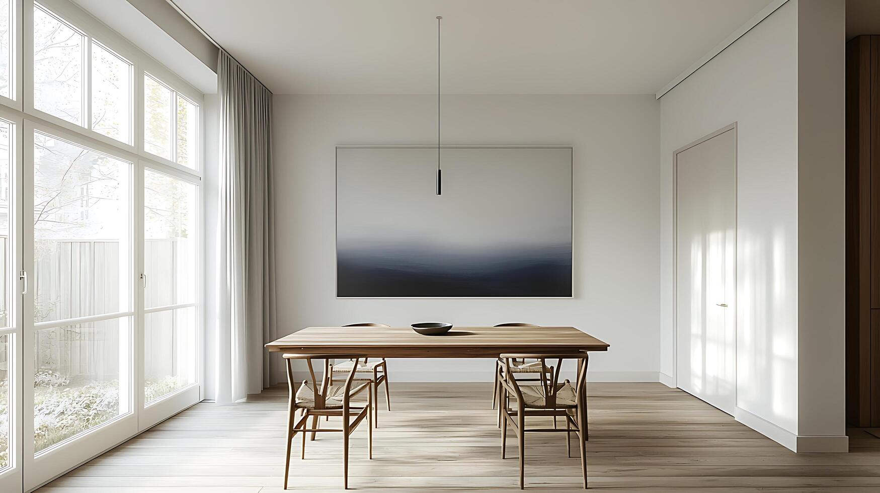 Minimalist Dining Room Interior Design Sunlight Streaming Through Large Windows. photo