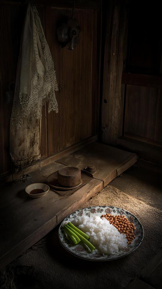 Simple Meal of Rice, Beans, and Greens in Rustic Setting. photo