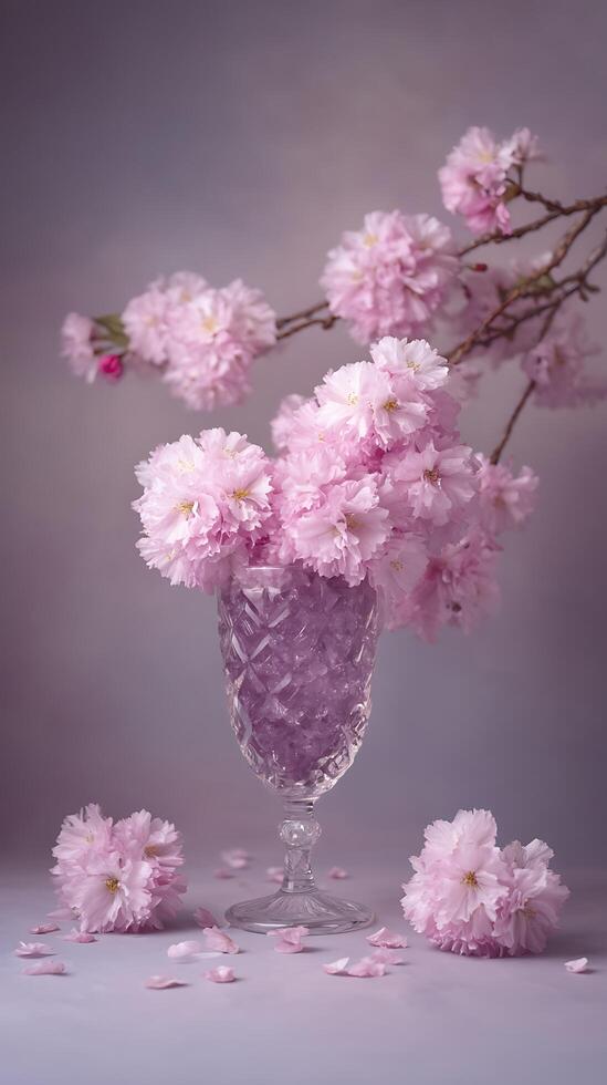 Delicate Pink Cherry Blossoms in Crystal Glass Vase, Spring Still Life. photo