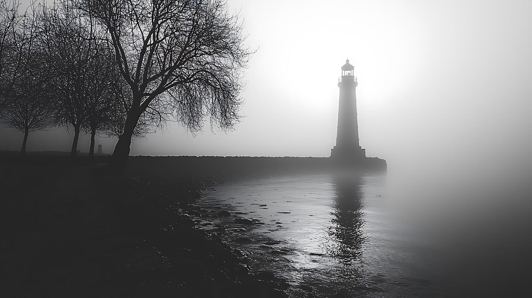 Lighthouse in Fog A Monochromatic Coastal Scene. photo