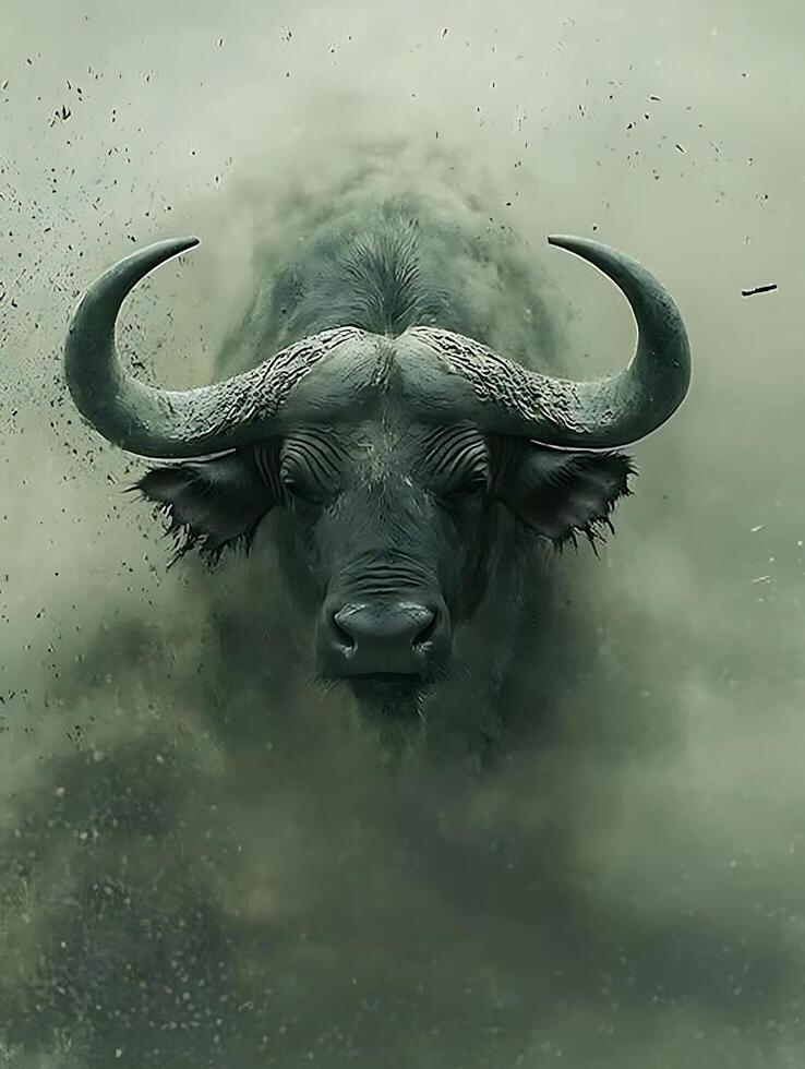 Powerful Cape Buffalo Emerging from Dust Cloud. A dramatic close-up image of a large male Cape Buffalo charging through a cloud of dust. photo