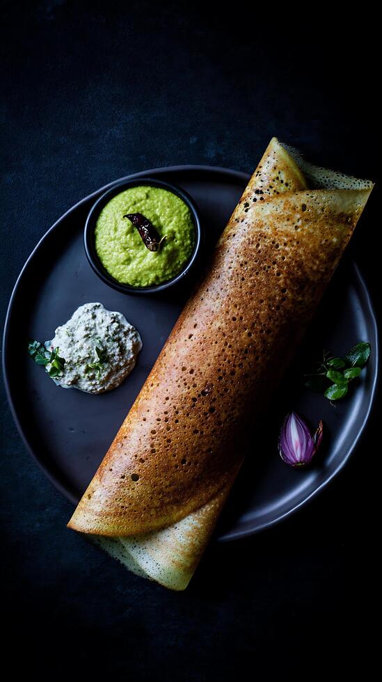 Delicious Masala Dosa with Sambar and Chutney on a Dark Plate. photo
