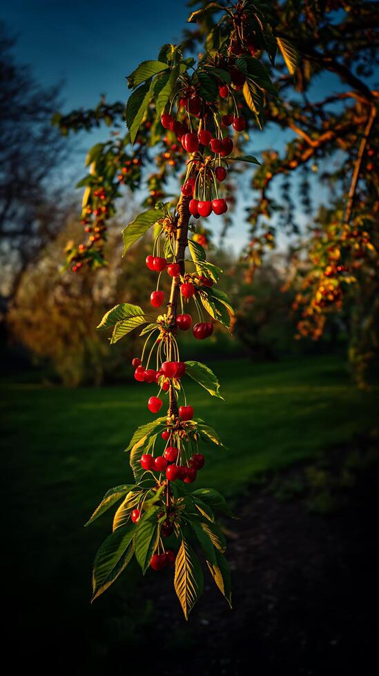 Sunlit Branch of Ripe Cherries Hanging from a Tree. photo