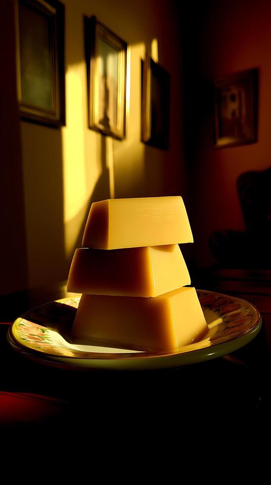 Golden Cubes Stacked on a Plate in a Room with Pictures. A dramatic still life image showcasing three golden cubes illuminated by warm sunlight. photo