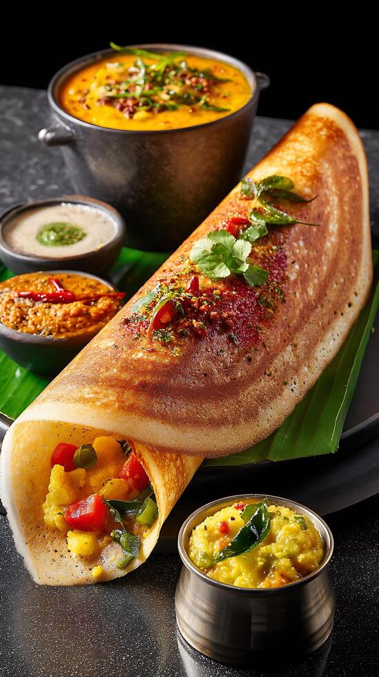 Masala Dosa with Vegetable Filling and South Indian Dips. A close up view of a delicious South Indian breakfast dish. photo