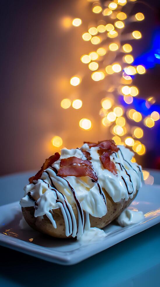 Baked Potato with Bacon, Sour Cream, and Chocolate Drizzle, Festive Bokeh Background. photo