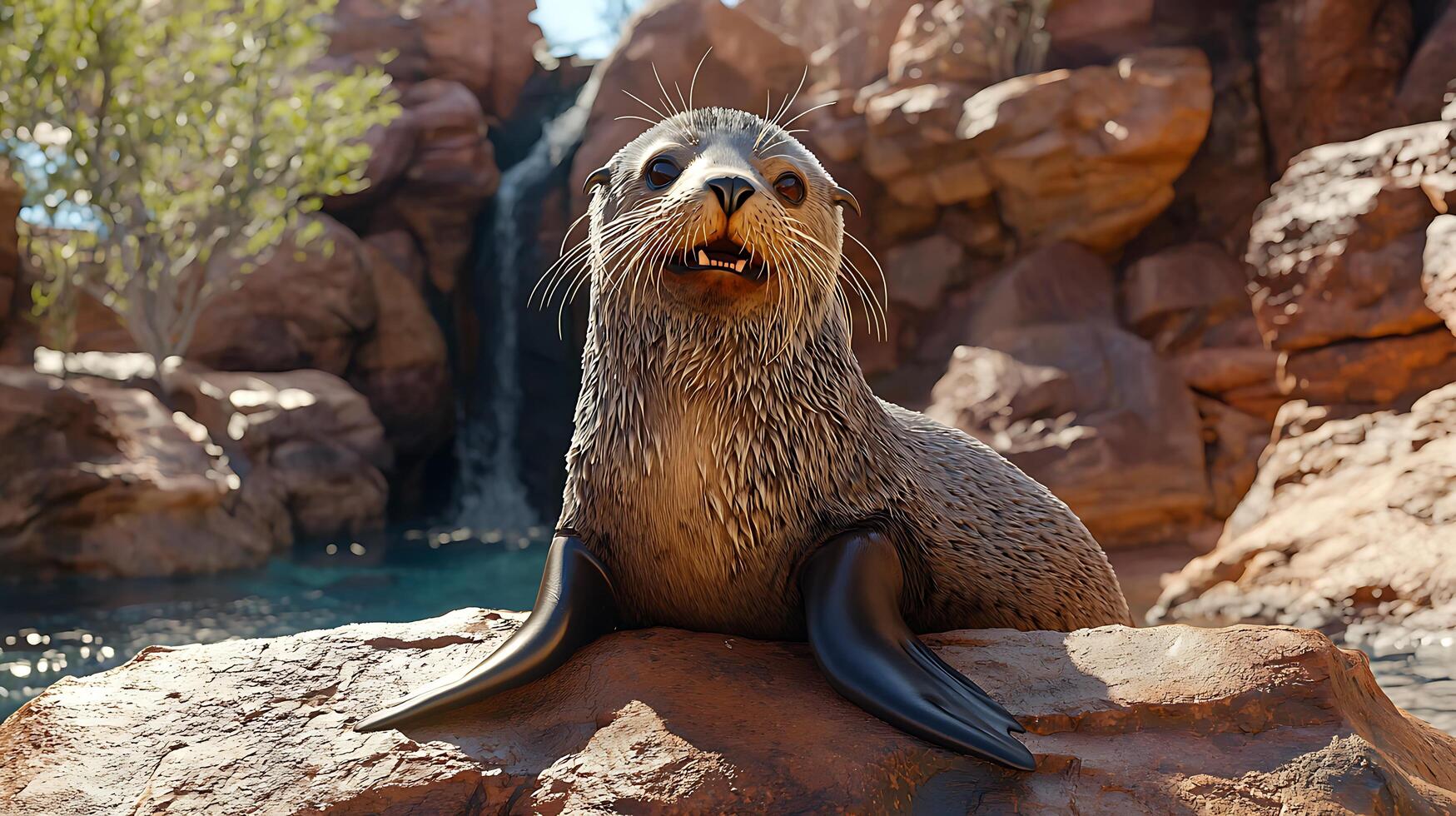 Curious Seal Pup on Rocky Outcrop near Waterfall. A captivating close-up of a young seal resting on rocks, gazing directly at the viewer. photo