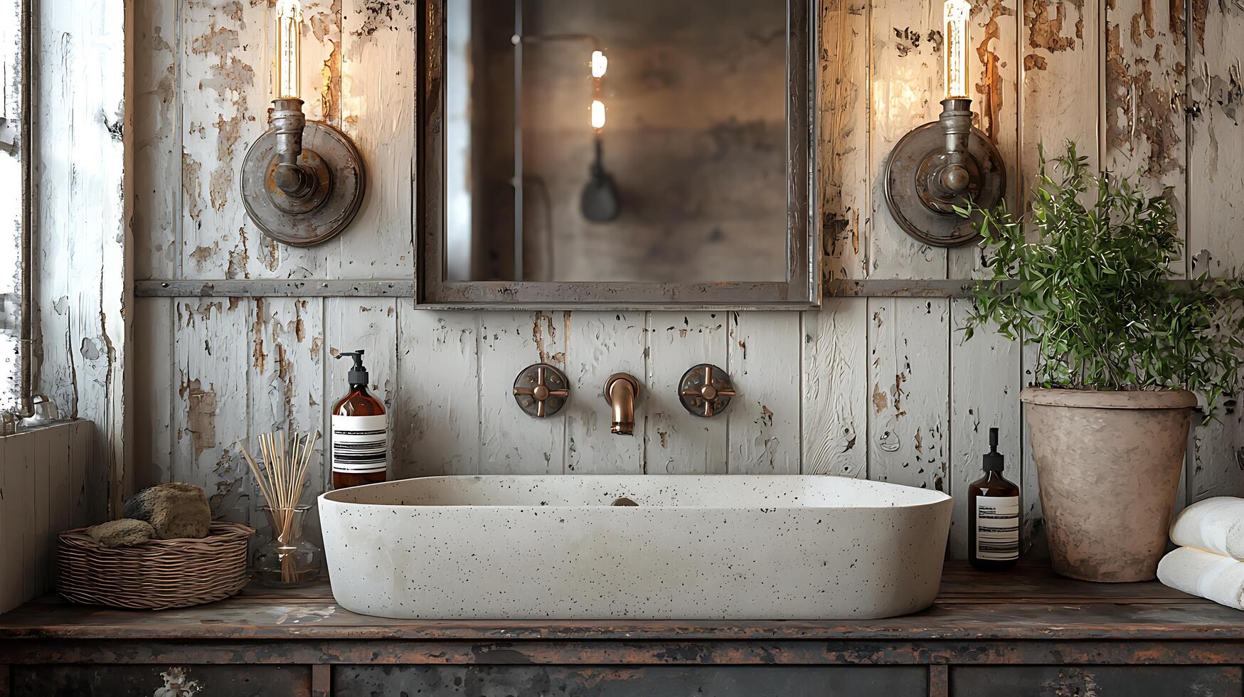 Rustic Industrial Bathroom Sink with Copper Fixtures and Edison Bulb Lighting. photo