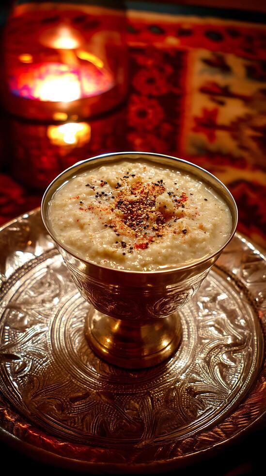 Close up of Creamy Dessert in Ornate Goblet on Decorative Tray. photo