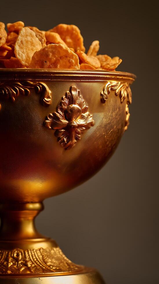 Golden Bowl Filled with Crispy Snacks, Close Up Detail. photo