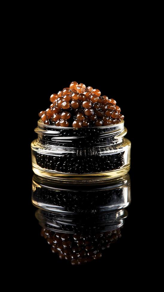 Close Up of Brown Caviar in a Glass Jar Against a Black Background. photo