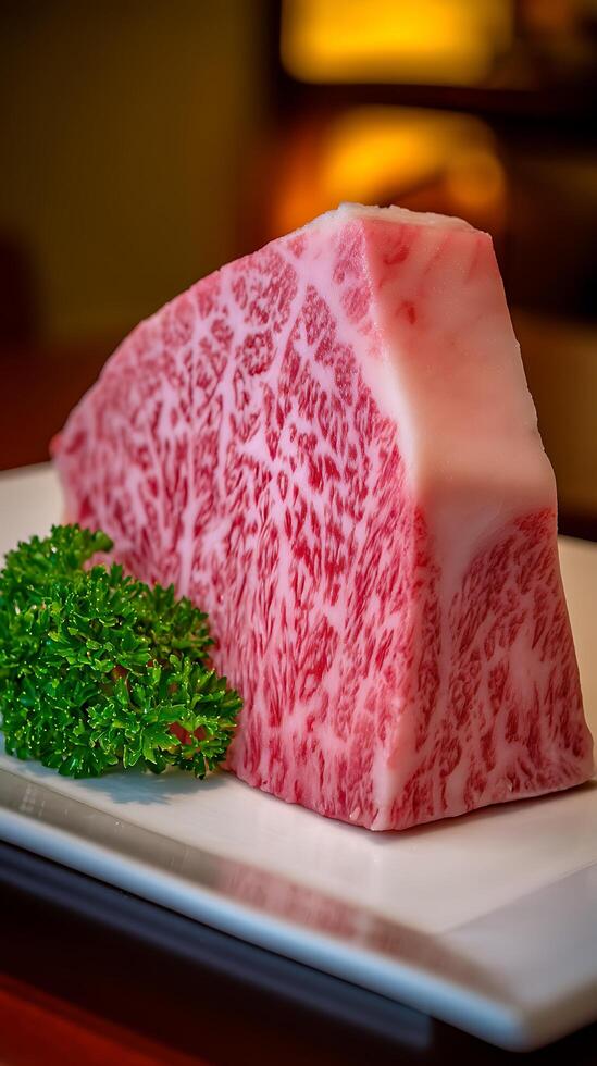 Close up of a Delicious Wagyu Beef Steak on a White Plate. photo