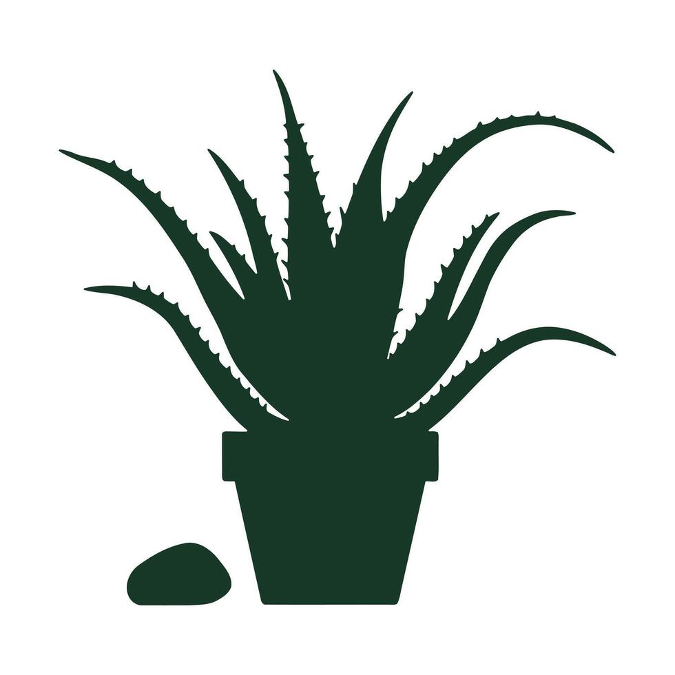 Stylized silhouette of an aloe vera plant in a pot with a stone vector