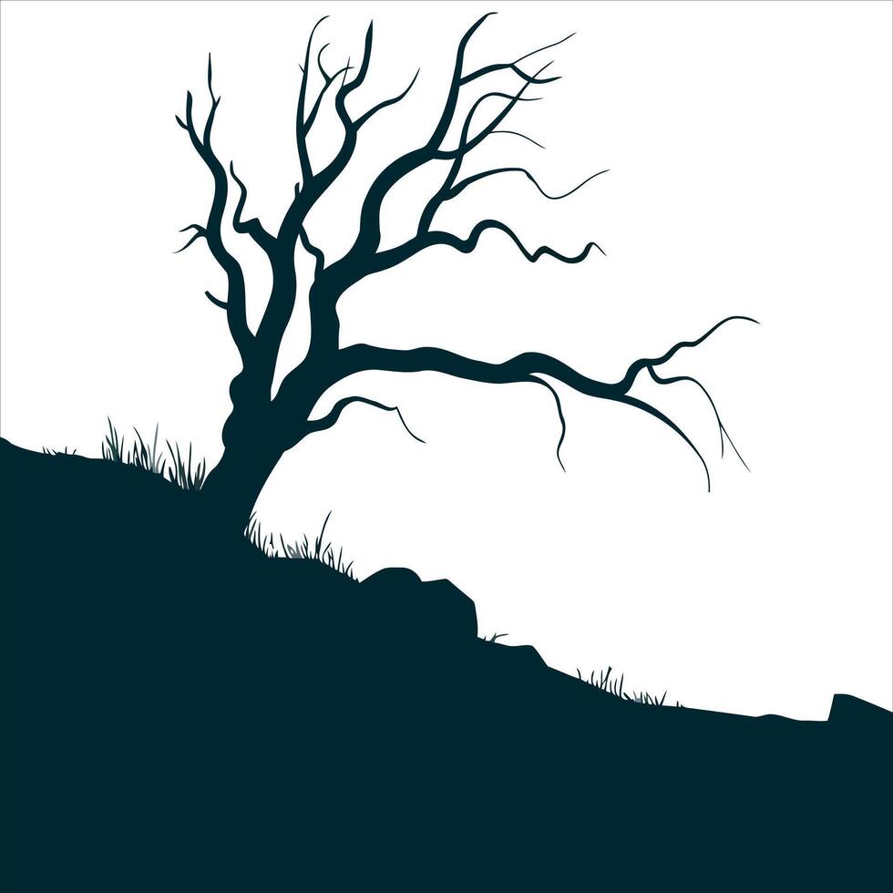 Silhouette of a gnarled leafless tree on a grassy hill vector