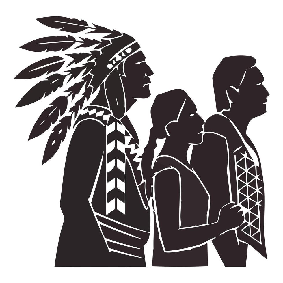 Silhouettes of native american people in traditional attire vector