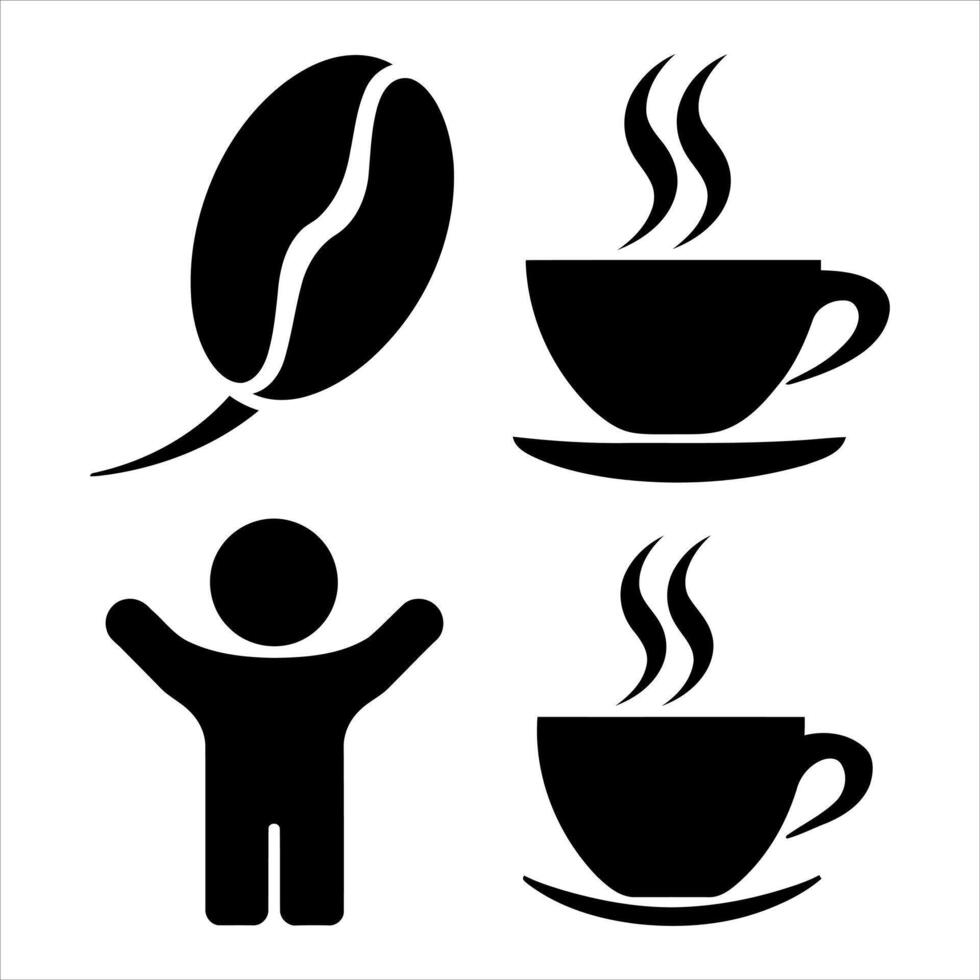 Simple black icons of coffee bean steaming cups and a joyful person vector