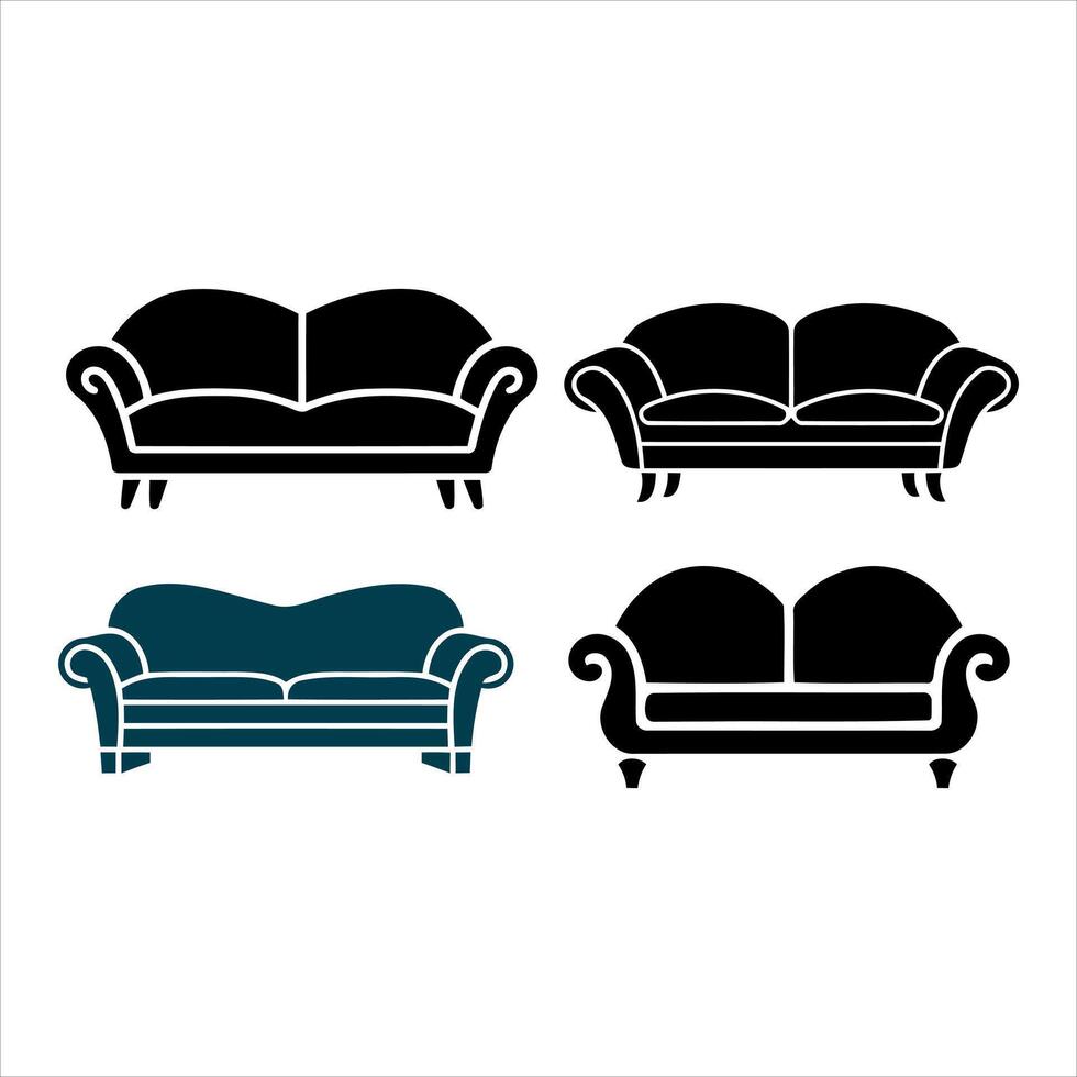 Collection of elegant sofa icons in black and blue on a white background vector