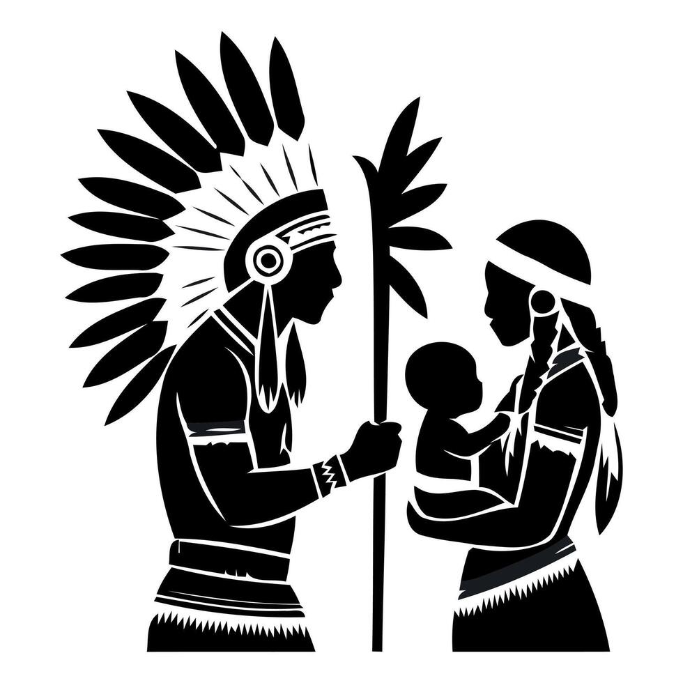 Native american family silhouette with headdress and baby vector