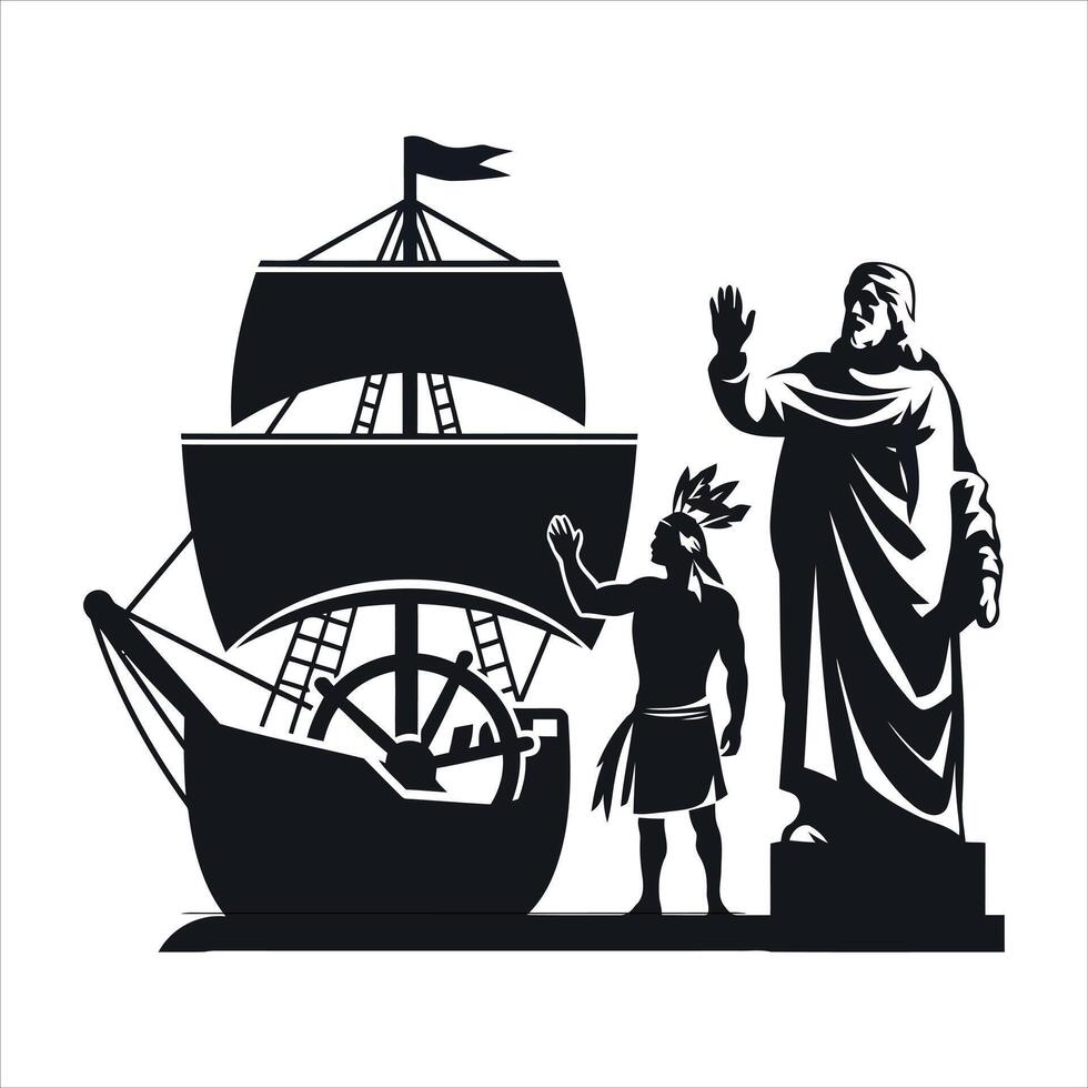 Statue of liberty and native american greeting a sailing ship vector