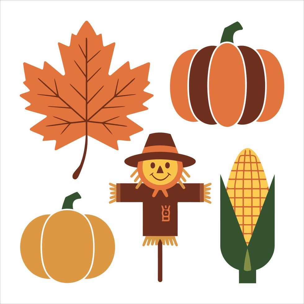 Cute autumn harvest icons featuring scarecrow pumpkins corn and leaf vector