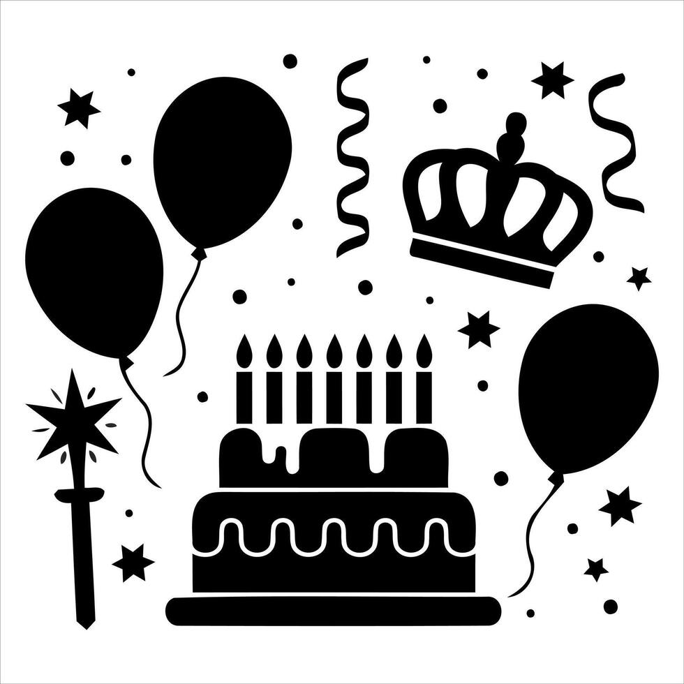 Birthday celebration elements including cake balloons crown and stars vector