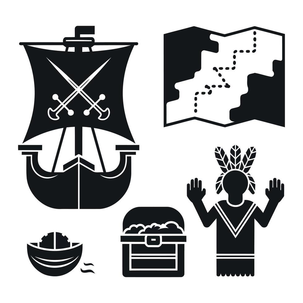 Pirate adventure icons ship map treasure and native american vector