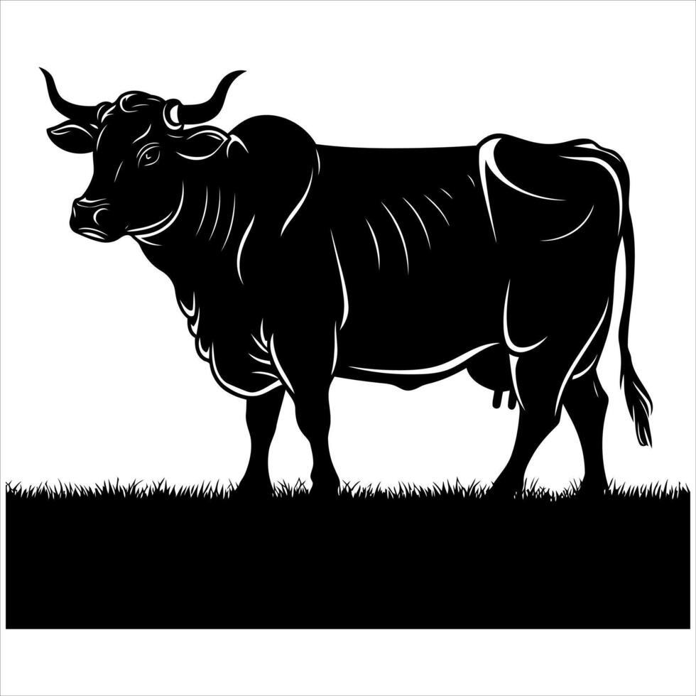 Stylized silhouette of a powerful bull standing in grassy field vector