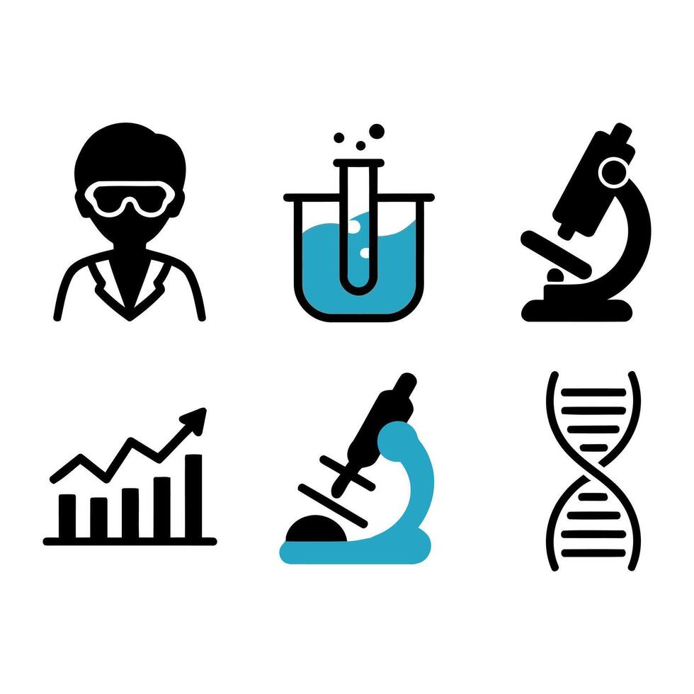 Science and research icons scientist beaker microscope dna and growth chart vector