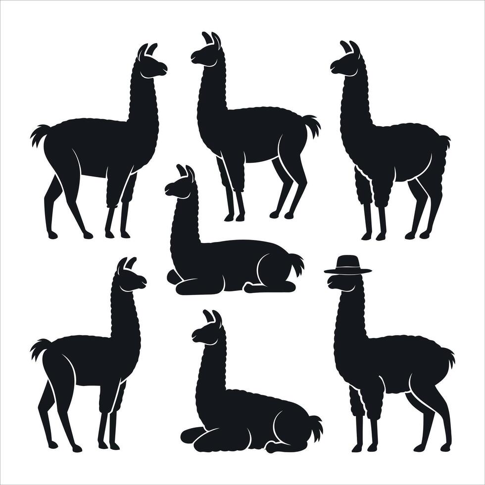 Collection of black llama silhouettes in various poses and one wearing a hat vector