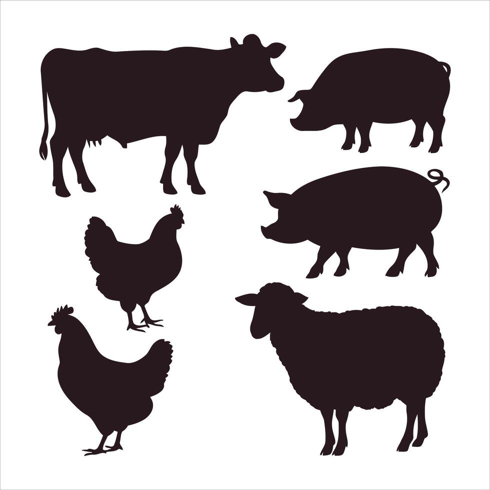 Farm animal silhouettes featuring a cow pigs chickens and a sheep vector