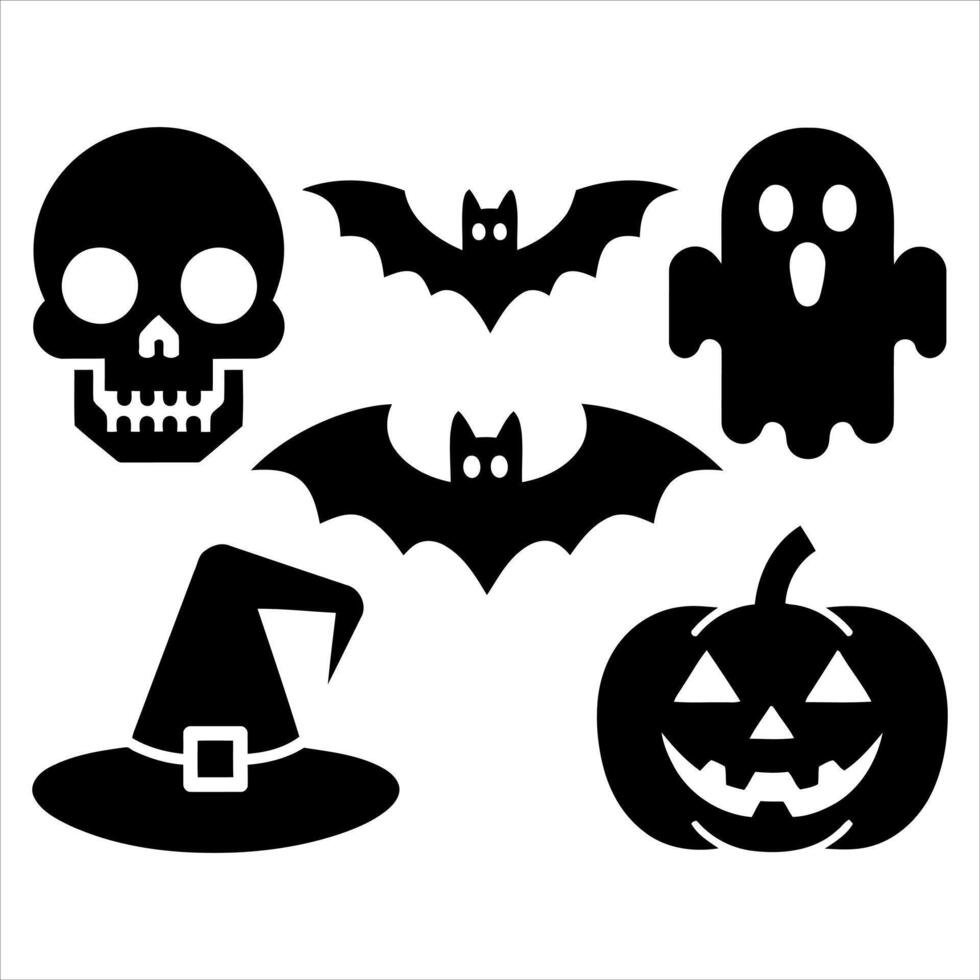 Classic halloween icons silhouette collection featuring skull bat ghost pumpkin witch hat vector