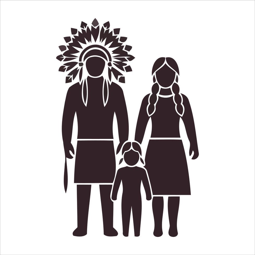 Stylized indigenous family silhouette with feather headdress and braids vector