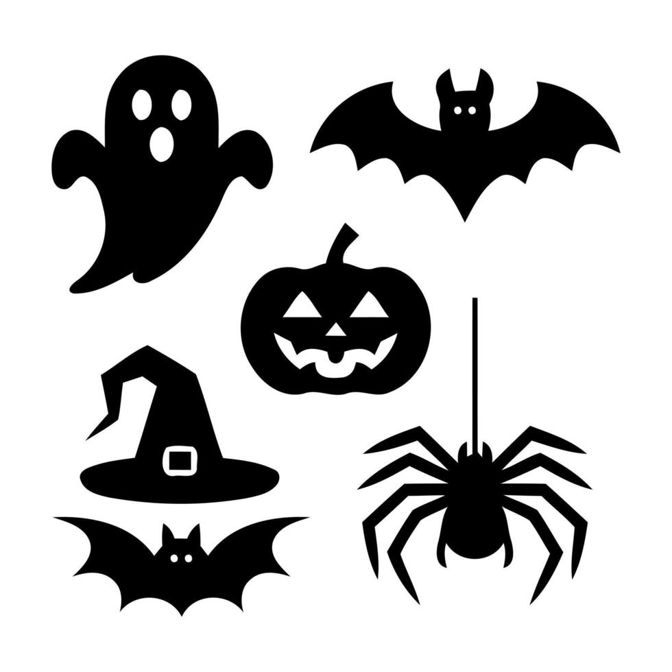 Spooky halloween silhouettes featuring a ghost bats pumpkin spider and witch hat vector