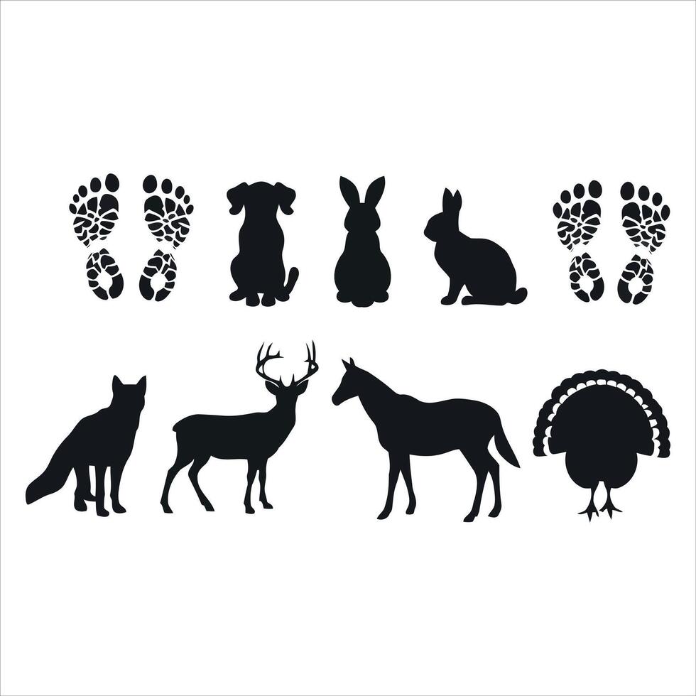 Collection of silhouetted animals and footprints on a white background vector