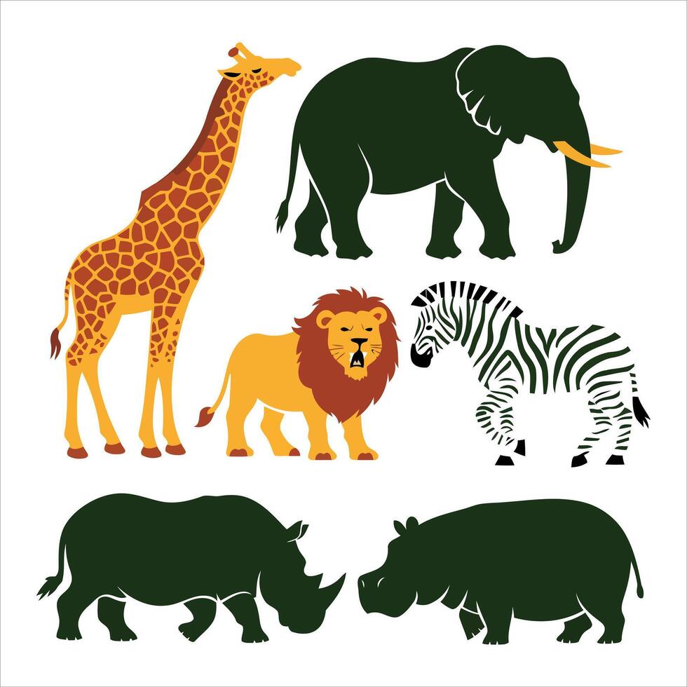 Collection of stylized african safari animals in flat design vector