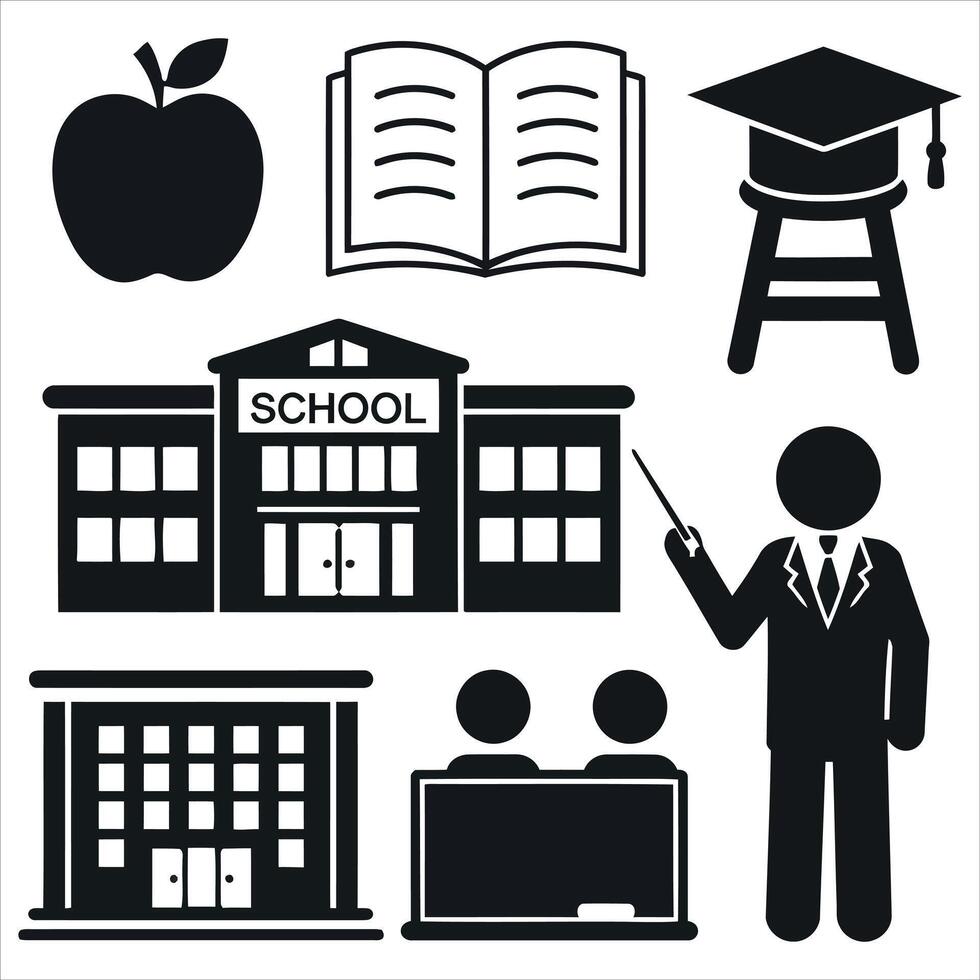 Collection of school and education related icons in black and white vector