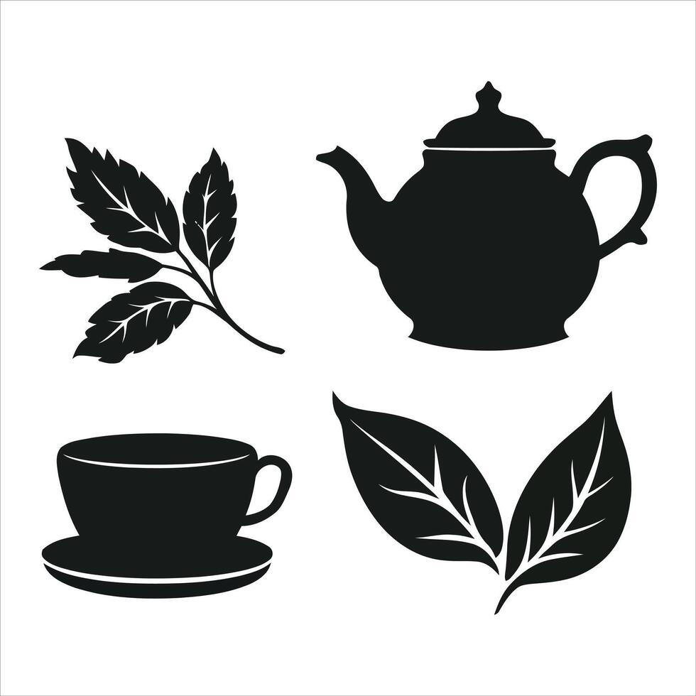 Black silhouette of tea leaves cup and saucer and teapot on white background vector