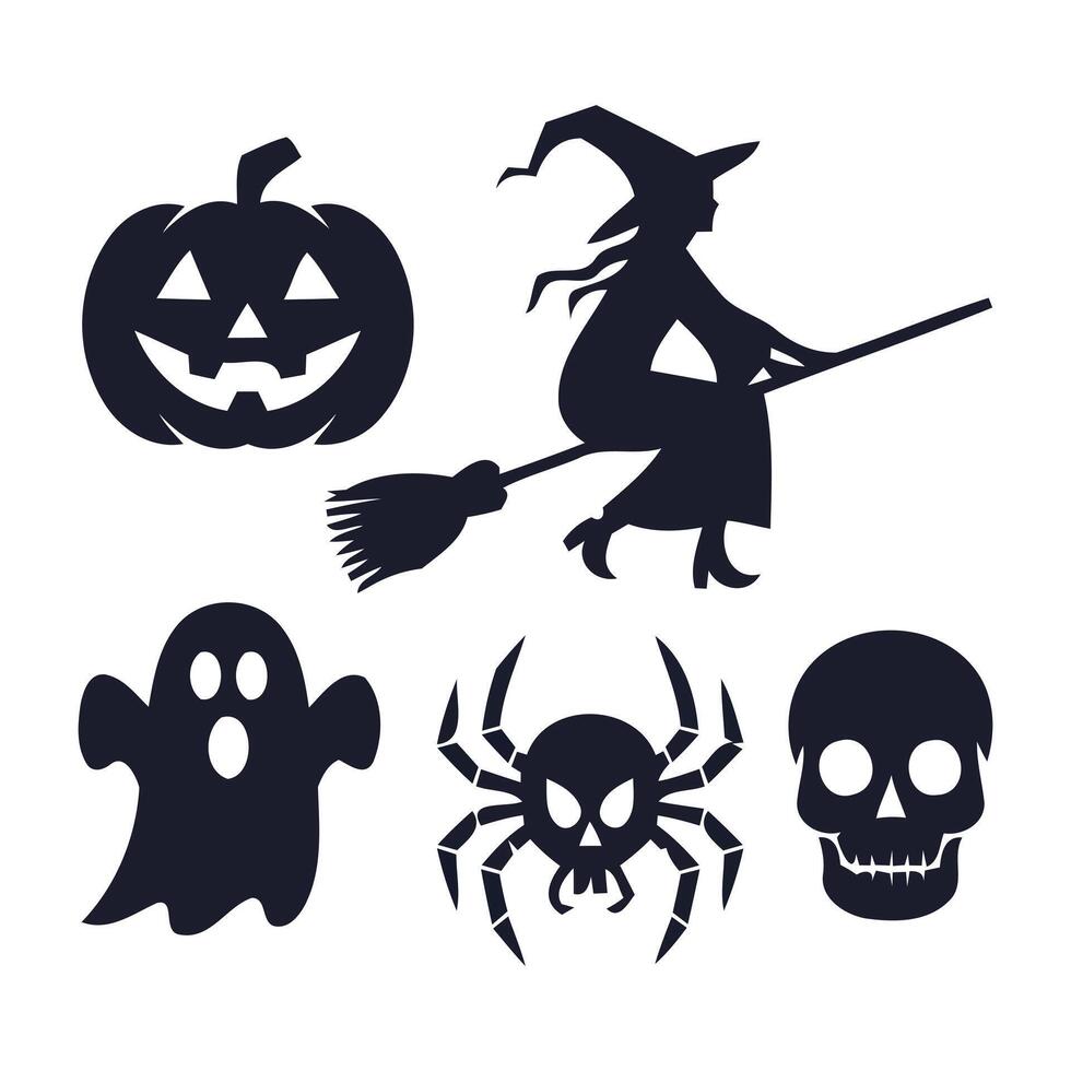Halloween silhouettes featuring a witch pumpkin ghost spider and skull vector