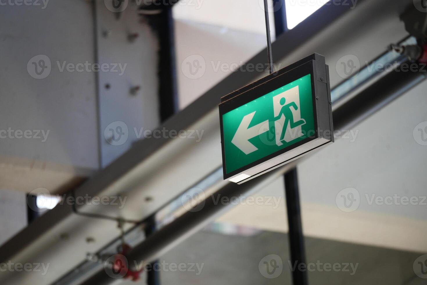 Emergency exit sign guiding pedestrians to safety photo