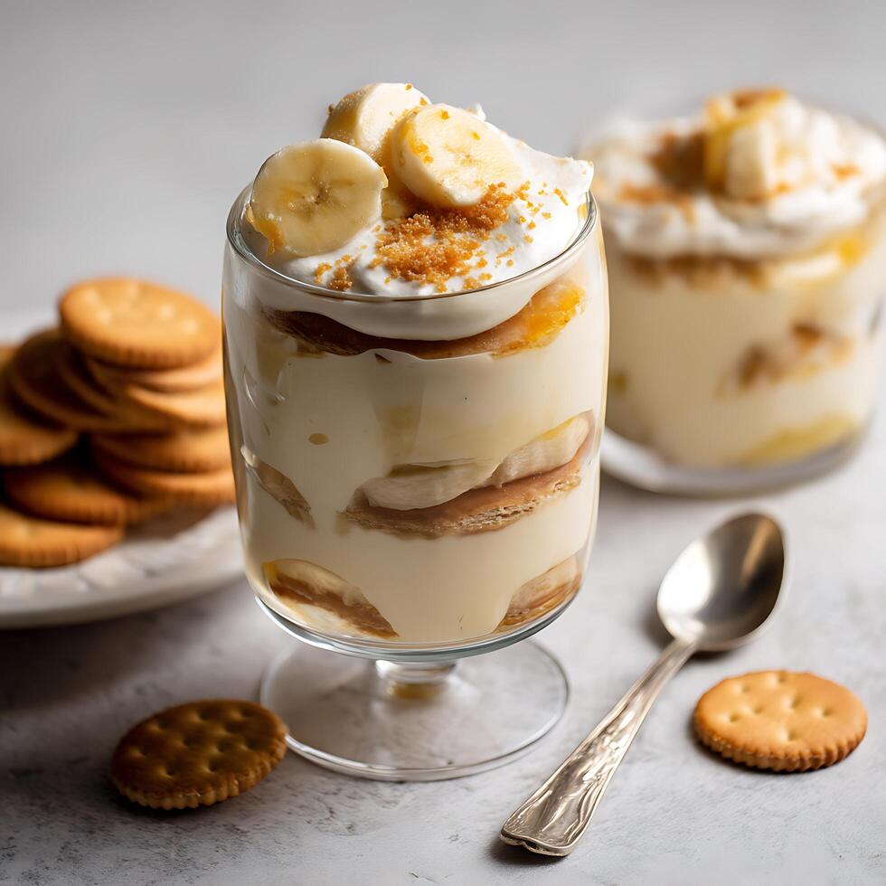 Delicious Banana Pudding Parfait in Glass Dessert Cup. photo