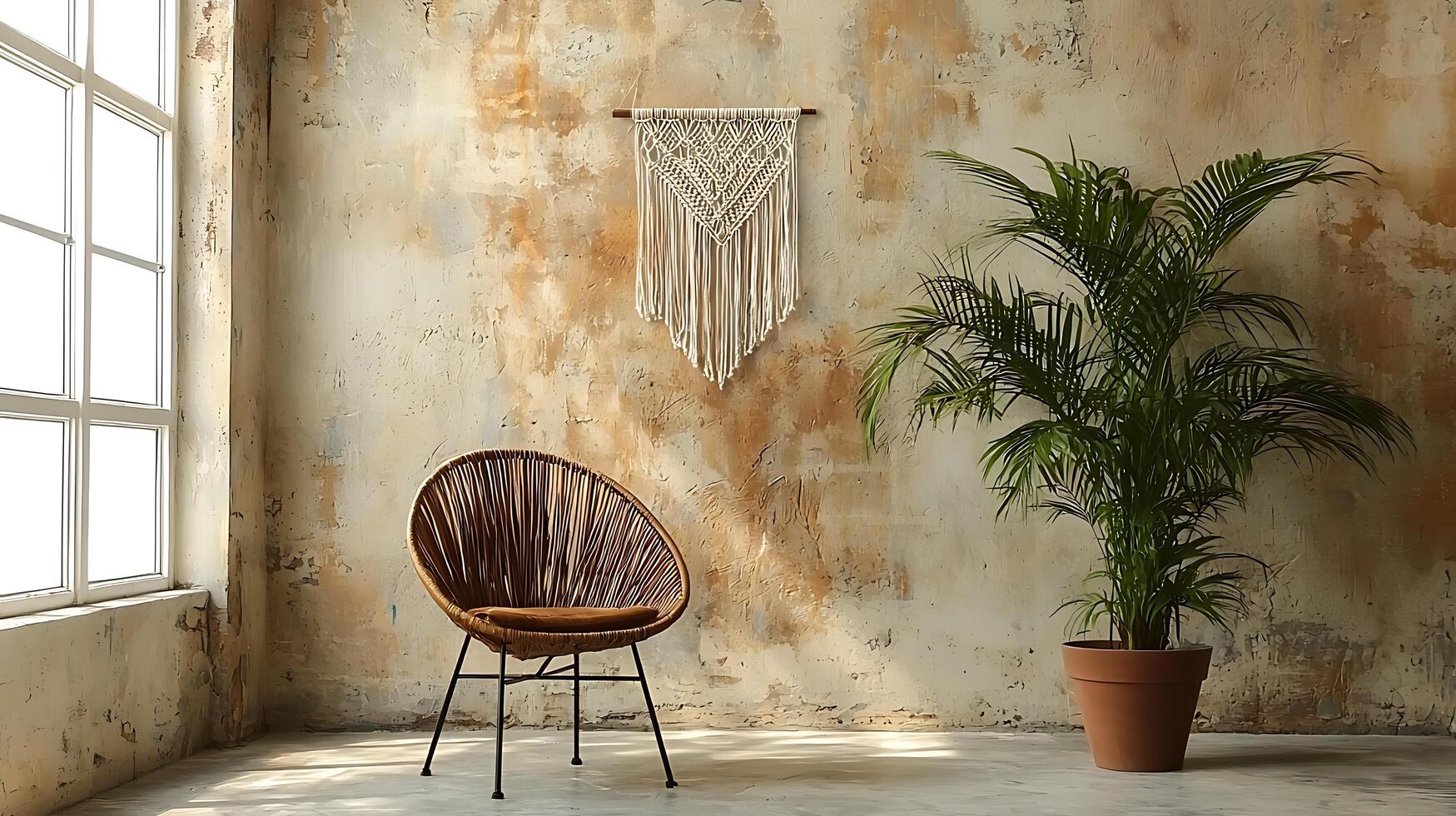 Stylish Interior Design Rattan Chair, Macrame Wall Hanging, and Tropical Plant in a Rustic Room. photo
