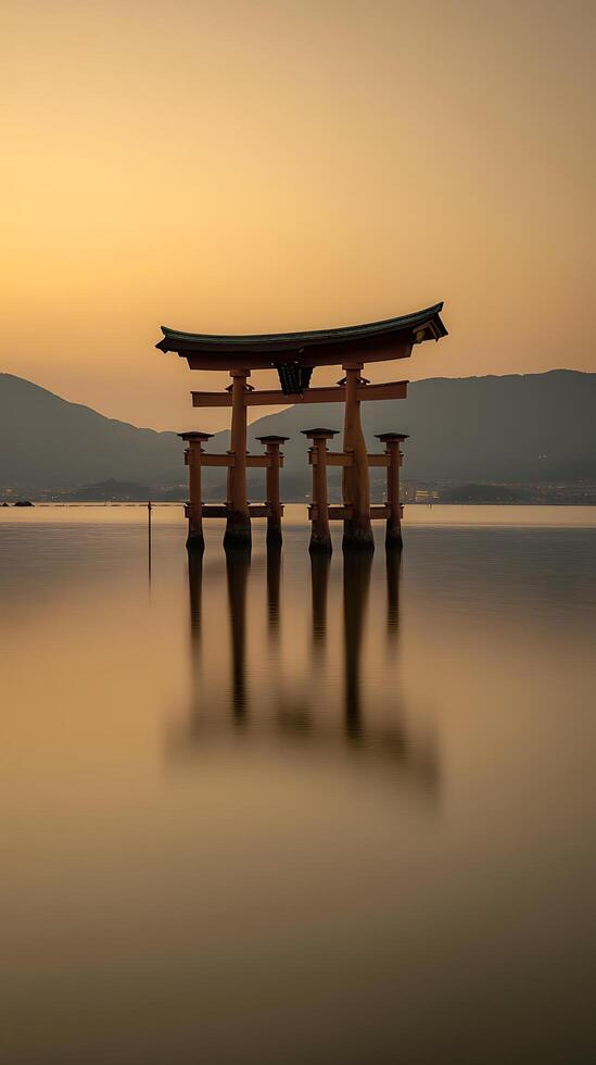 Serene Sunset at the Iconic Floating Torii Gate. A breathtaking image of a Japanese shrine gate in calm waters at golden hour. photo