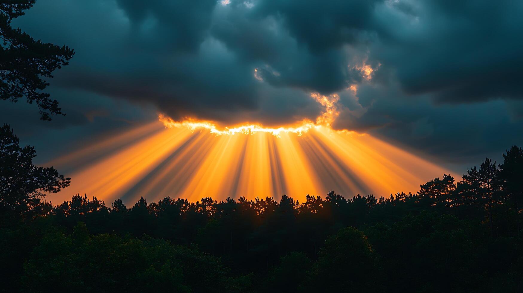 Dramatic Sunset Crepuscular Rays Breaking Through Dark Clouds Over a Forest. photo