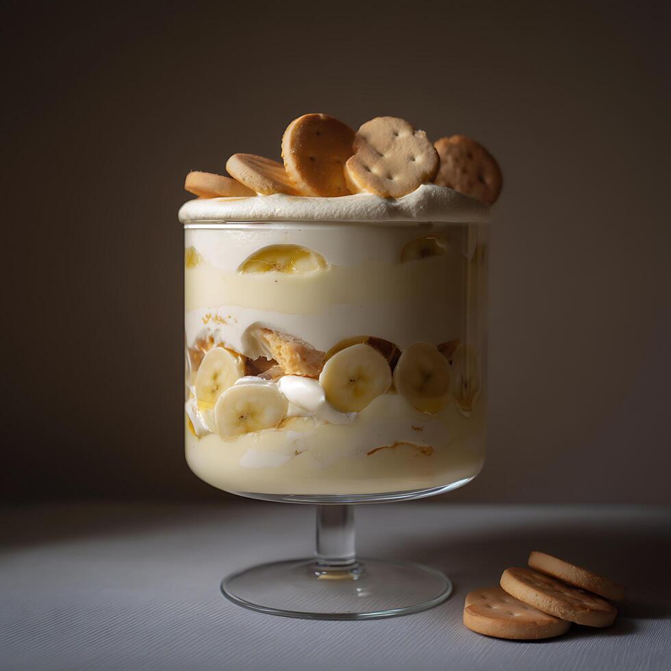 Delicious Banana Pudding Parfait in Glass Bowl, Sweet Treat. photo